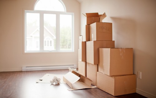 Packed office boxes ready for removals in Holloway
